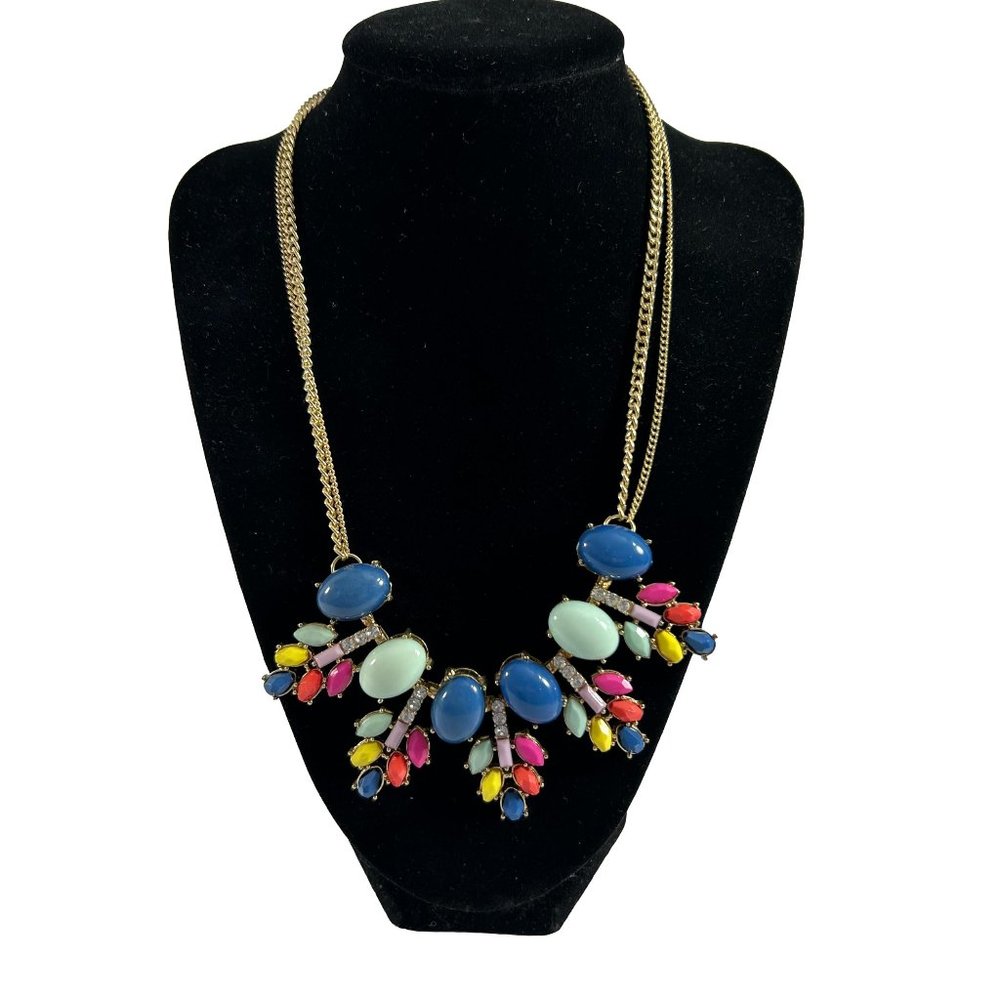 Bright Spring Colors Gold Tone Bib Necklace Double Chain Rhinestones 17-20"